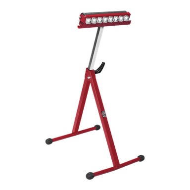Ett rött Meec Tools rullställ med justerbar höjd, utrustat med en serie metallrullar ovanpå, en central stödstång, stadiga svarta gummifötter och en spak för att justera höjden.