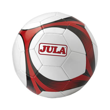 Jalkapallo, jossa on punaiset ja mustat graafiset kuviot ja keskellä teksti JULA.