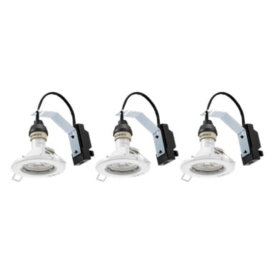 Tre Anslut Dimmable Downlights LED-armaturer visas i rad och säljs tillsammans som ett 3-pack. Varje matchande infälld taklampa har metallfästen och svarta elledningar fästa, där alla tre är något vinklade åt vänster.