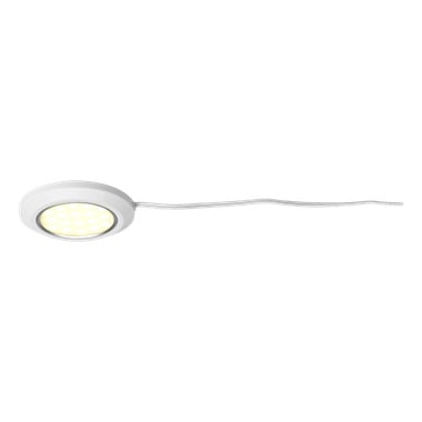 En cirkulär vit Anslut Downlight LED med en lysande, prickig yta och en ansluten vit strömkabel som sträcker sig åt höger.