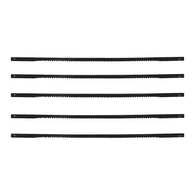Viisi Meec Tools -sahaterää muotosahoille on asetettu vaakasuoraan ja toistensa suuntaisesti, ja jokaisella on selkeä hammaskuvio. Setissä on viisi terää.