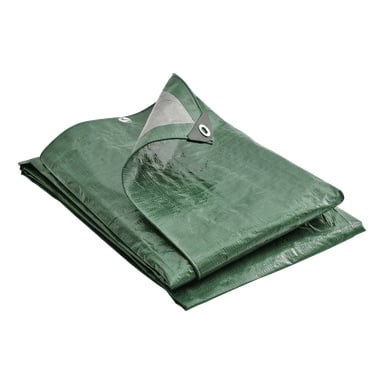 Ordentlich gefaltete grüne Hard Head Tarpaulin mit langlebigem, glänzendem Material und verstärkten Metallringen an den Ecken, eine Ecke war nach oben gedreht, um die Grommet zu zeigen.