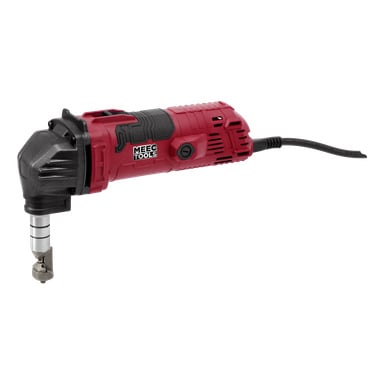 Ett rött och svart Meec Tools Nibblers elverktyg med svart sladd och metallskärtillbehör. Verktyget har Meec Tools-märkning på sig.