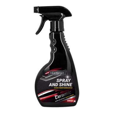 En svart sprayflaska med Hamron-logotypen och Spray Wax Spray & Shine-märkning, som visar text om högpresterande plus glans- och skyddsfunktioner, accentuerad med röda designdetaljer och märkt som 500 ml.