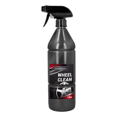 butelka z dyszą spustową, oznaczona "Hamron Rim Cleaner Wheel Clean" i przedstawiająca obraz koła samochodowego, z dodatkowym tekstem, że jest produkowana w Szwecji i ma pojemność 1 litr.