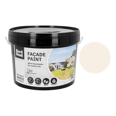 En 3L svart plastbøtte med Hard Head Façade-maling merket utendørs bruk, semimatt hvit, hurtigtørkende, resirkulerbar og vannbasert.