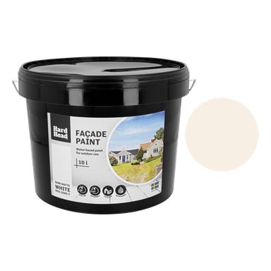 En 10-liters svart plastbøtte merket Hard Head Façade-maling, semimatt hvit, viser bilder av hus og utendørssymboler. Høyre side viser en prøve av malingens farge.