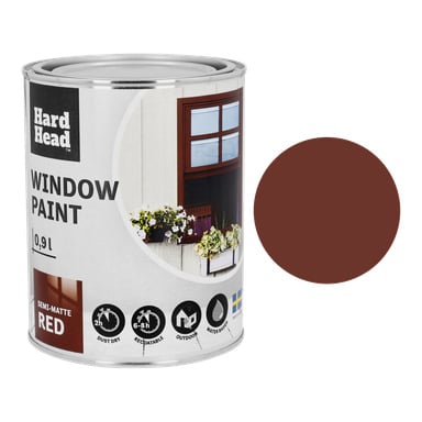 En 0,9-liters burk Hard Head Window Paint i en semi-matt röd finish. Etiketten visar en illustration av ett fönster med blomlådor och målningsdetaljer, tillsammans med en bit av enfärgad brunröd färg till höger om burken.