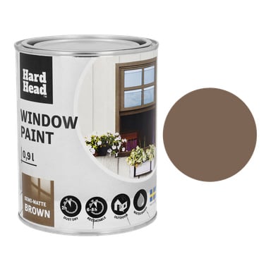En burk Hard Head fönsterfärg i semimatt brun finns med ett fönster och blommor, flera funktionsikoner och en brun färgprovcirkel till höger. Etiketten innehåller texten: Window paint, Semi-matt och Brown.