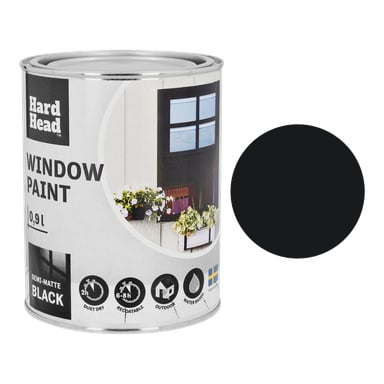 En 0,9L burk Hard Head fönsterfärg i halvmatt svart. Etiketten visar ett fönster med blomlådor och ikoner för snabb torkning, utomhusanvändning, vattenavvisande och återvinningsbart. Svart färgprov ingår.
