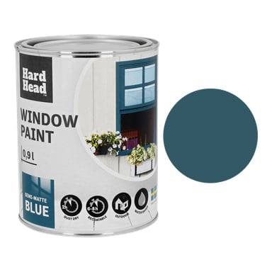 0,9-litrainen Hard Head Window Paint -purkki puolimattasinisellä, jossa on etiketti, jossa on kuvituksia ikkunasta ja kasveista. Purkin vieressä on kiinteä sininen ympyrä, joka näyttää maalin värin.