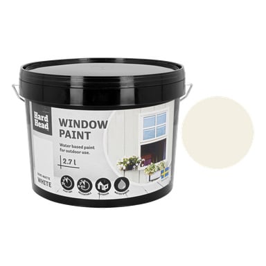 En 2,7-liters plasthink med Hard Head Window-färg för utomhusanvändning, märkt med produktdetaljer och symboler, med ett vitt färgprov bredvid.