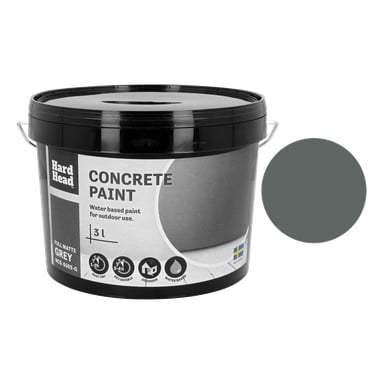 En 3-liters svart bøtte med Hard Head Concrete-maling i matt grå, med produktetiketter og ikoner med teksten Hard Head, sammen med en grå fargeprøve til høyre.