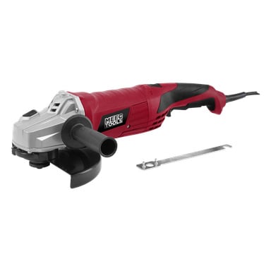 En rød og svart Meec Tools vinkelsliper AG-W HOME 500 med avtakbart sidehåndtak og metallnøkkel for å bytte skiver.