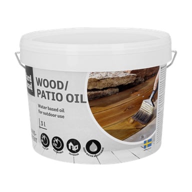 En vit 3-liters hink med Hard Head Wood-olja för utomhusbruk, med ett foto av en borste på trä, flera användningsikoner, en svensk flagga och märkt med Outdoor, allt med vitt handtag.