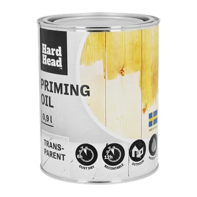 En 0,9L metallburk med Hard Head Priming-olja med trägrafik, svensk flagga och ikoner med text: 6 timmars torktid, 12 timmars omlackningstid, utomhusanvändning och vattentäthet.