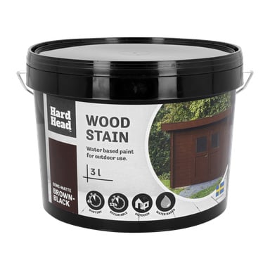 Hard Head Wood bets i en 3L svart plasthink med en halvmatt brun-svart finish. Etiketten visar ett träskjul, den svenska flaggan och ikoner som indikerar utomhusanvändning, vattenbaserat, omlackbar och dammtorkning på 12 timmar.