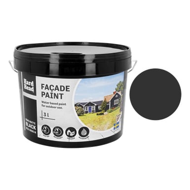 En 3-liters svart boks med Hard Head Façade-maling for utendørsbruk med semi-matt finish. Etiketten viser bilder av hus, ulike bruksikoner, et svensk flagg og en ensfarget svart fargeprøve ved siden av beholderen. Teksten på etiketten lyder: Façade paint, utendørs og semi-matt.