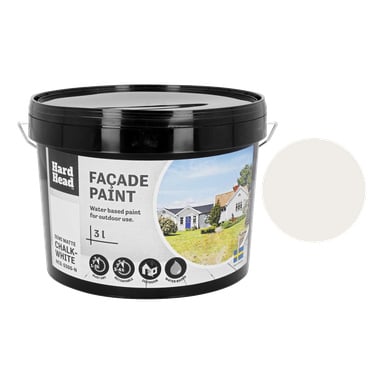 En 3L svart plastbøtte med fasademaling fra Hard Head, merket semi-matt kritthvit og for utendørsbruk. Etiketten viser et hus, ulike bruksikoner og en rund fargeprøve.