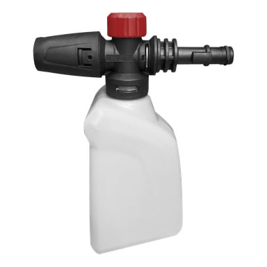 Ett Meec Tools skummunstycke tillverkat av vit plast, utrustat med svart sprayfäste och ett rött lock, lämpligt för att applicera rengöringsmedel eller kemikalier.