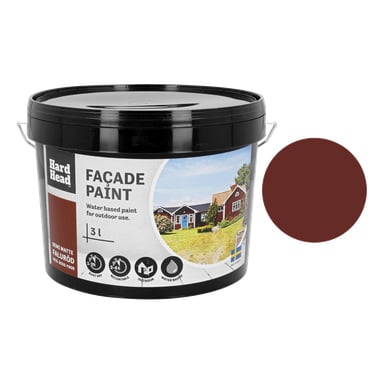 En 3-liters svart plastbøtte merket Hard Head Façade inneholder utendørsmaling i en rik matt rødbrun farge, med et bilde av malte hus på forsiden.
