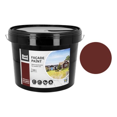En 10 L svart beholder med Hard Head Façade-maling for utendørs bruk, med en semimatt, vannbasert dyp rødbrun finish og en etikett som viser husene.