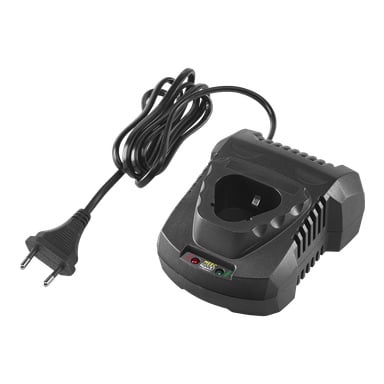 En svart Meec Tools Multiseries 12 V snabbladdare med en tvåpolig strömkabel, gröna och röda indikatorlampor samt en plats designad för ett uppladdningsbart batteri.