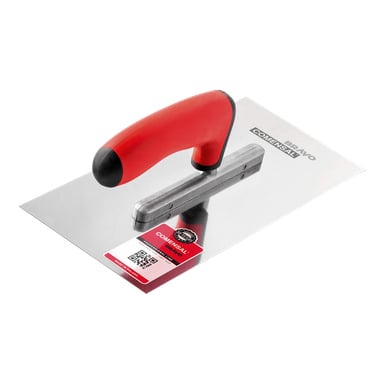 En Comensal gipsskiva med rött och svart handtag visas, med en produktetikett och QR-kod på dess rostfria stålblad.