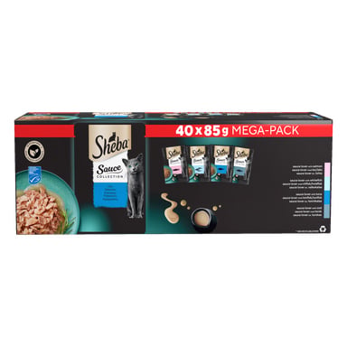 Sheba Cat Food 40 Pack innehåller fyrtio 85g våtmatspåsar för katter. Lådan visar en grå katt, bilder på de fyra inkluderade smakalternativen och ett serveringsförslag som visar maten i en skål.