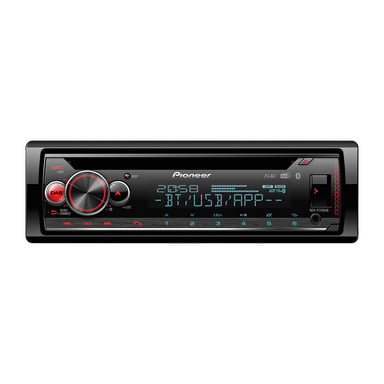 Framifrån av Pioneer Car Stereo DEH-S720DAB, med en rad kontrollknappar, en central volymknapp, en USB-port och en digital display med upplyst blå text och ikoner. Skärmen visar flera inmatningskällor och statussymboler.