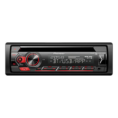 Pioneer DEH-S420BT bilstereohuvudenhet med en central volymknapp, flera kontrollknappar, en displayskärm med texten "2DSB - DT/USB/APP-", samt starka röda och svarta accentfärger.