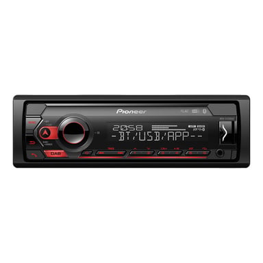 Pioneer MVH-S420DAB bilstereo med en digital display som visar DAB-BT/USB/APP, utrustad med olika kontrollknappar och en central volymratt markerad i rött. Enheten visar etiketter inklusive FLAC-, Bluetooth- och DAB-radioalternativ.