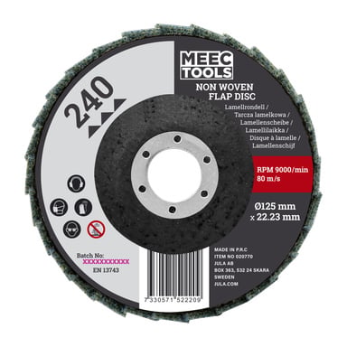 Meec Tools Flap Disc, 240 korn, 125 mm x 22,23 mm, max 9000 varv per minut, med etikett som visar säkerhetsikoner och en streckkod.