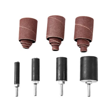Sexton sliphylsor från Meec Tools är inbäddade tillsammans, tillsammans med fyra gummitrummor med metallskaft. Mandrellena är lämpliga för användning med roterande verktyg.