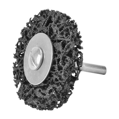 En detaljerad vy av Meec Tools slipskiva framhäver dess svarta, porösa och texturerade slipyta, tillsammans med en metallcentral och en cylindrisk skaft designad för att fästas på elverktyg.