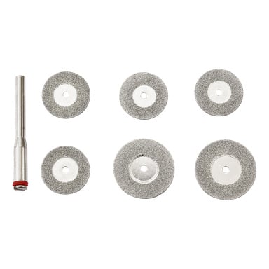 Prezentowanych jest siedem tarcz do cięcia diamentów od Meec Tools, wraz z mandrel z czerwonym pierścieniem. Wszystkie dyski mają centralny otwór.