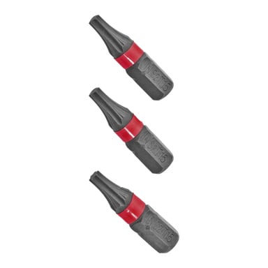 Tre identiska Meec Tools-skruvmejselbitar från en 3-pack, var och en med svarta kroppar, röda band och märkta "W S2/T15", är arrangerade vertikalt. Spetsarna har en stjärnform som passar Torx-skruvar.