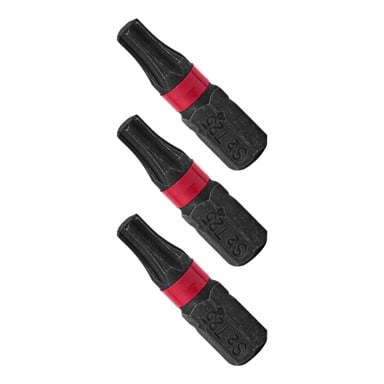Tre identiska Meec Tools-bitar från ett 3-pack är placerade vertikalt. Varje svart bit har ett rött band nära basen och är märkt "S1/25".