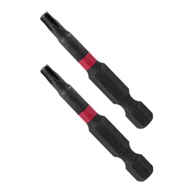 Två svarta Meec Tools-skruvmejselbitar, vardera med ett rött band nära spetsen och märkta S2 T20, är placerade diagonalt och parallellt med varandra.
