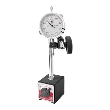 Wskaźnik Meec Tools Dial Gauge ze statywem wyświetla analogową białą tarczę z łatwymi oznaczeniami pomiarowymi, czarnym obrotowym pokrętłem oraz czerwoną podstawą oznaczoną przełącznikiem włącz/wyłącz. Narzędzie jest zamontowane na magnetycznym stojaku dla stabilnego pozycjonowania pomiarów.