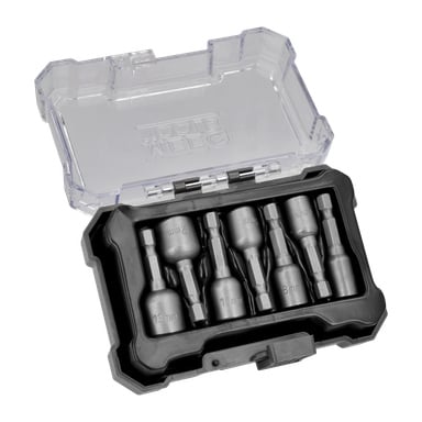 Ett plastfodral med genomskinligt lock rymmer Meec Tools Bit Sockets-setet, som visar sju hexakrogasbitar i olika storlekar organiserade i en specialanpassad svart insats. Storleken på varje bit, angivet i millimeter, markeras av varje enskild sockel.