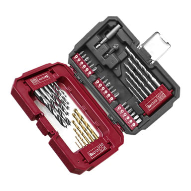 Ett 35-delat Meec Tools borr- och borrset arrangerat i ett rött och svart plastfodral, med olika borrar och skruvmejselbitar sorterade i individuella fack, visade öppet.