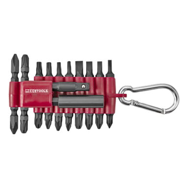 Ett 20-delat Meec Tools-borrset visades i en röd hållare, innehållande olika skruvmejselbitar och utrustad med en metallkarbinhake för enkel bäring.