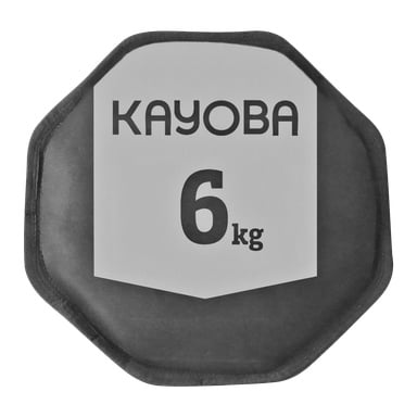 En svart og grå åttekantet sandsekk fra Kayoba med 6 kg trykket på forsiden.