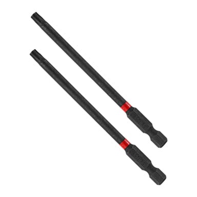 Två Meec Tools Bits från ett 2-pack, svarta med röda band nära hexändarna, var och en märkt "S2" och placerad parallellt med varandra.