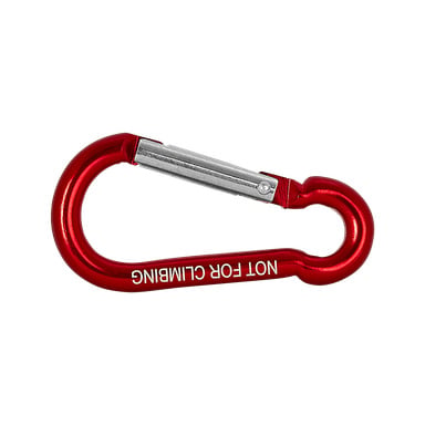 En röd metall Snap Hook-krok från Kayoba Outdoor med en silverfärgad fjädergrind. "NOT FOR CLIMBING" står tryckt i vitt på sidan.