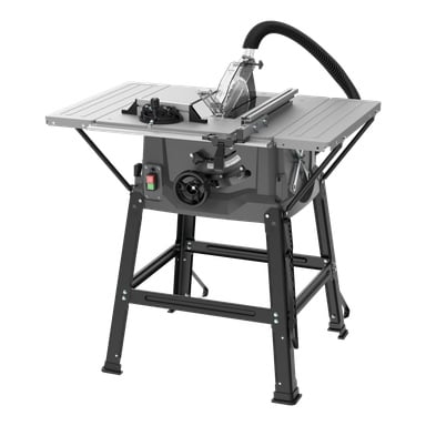 Piła stołowa Meec Tools TS-W HOME 500 z szarym wierzchem, czarnymi nogami, regulowanym prowadzeniem, przezroczystą osłoną ostrza, wężem przeciwkurzowym i przełącznikami przednimi.