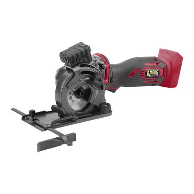Bezprzewodowa piła zanurzeniowa CI-18V WORK 710 firmy Meec Tools Multiseries jest pokazana z czerwono-czarną rękojeścią, umieszczoną obok czarnej podstawy i z akcesoriami prowadzącymi. Widoczne detale obejmują osłonę ostrza oraz oznaczenia regulacyjne.