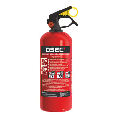 En OSEC Powder brannslukker med rød kropp, svart dyse, gul sikkerhetsnål og en frontetikett med produktinstruksjoner og sikkerhetsadvarsler.