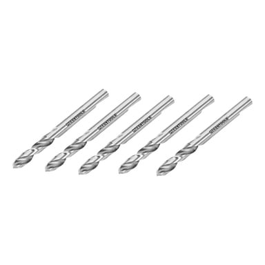Fem identiske boremaskiner fra Meec Tools er plassert side om side. Hver bor har merket "Meec Tools" på akselen, og de ser alle rene og ubrukte ut.